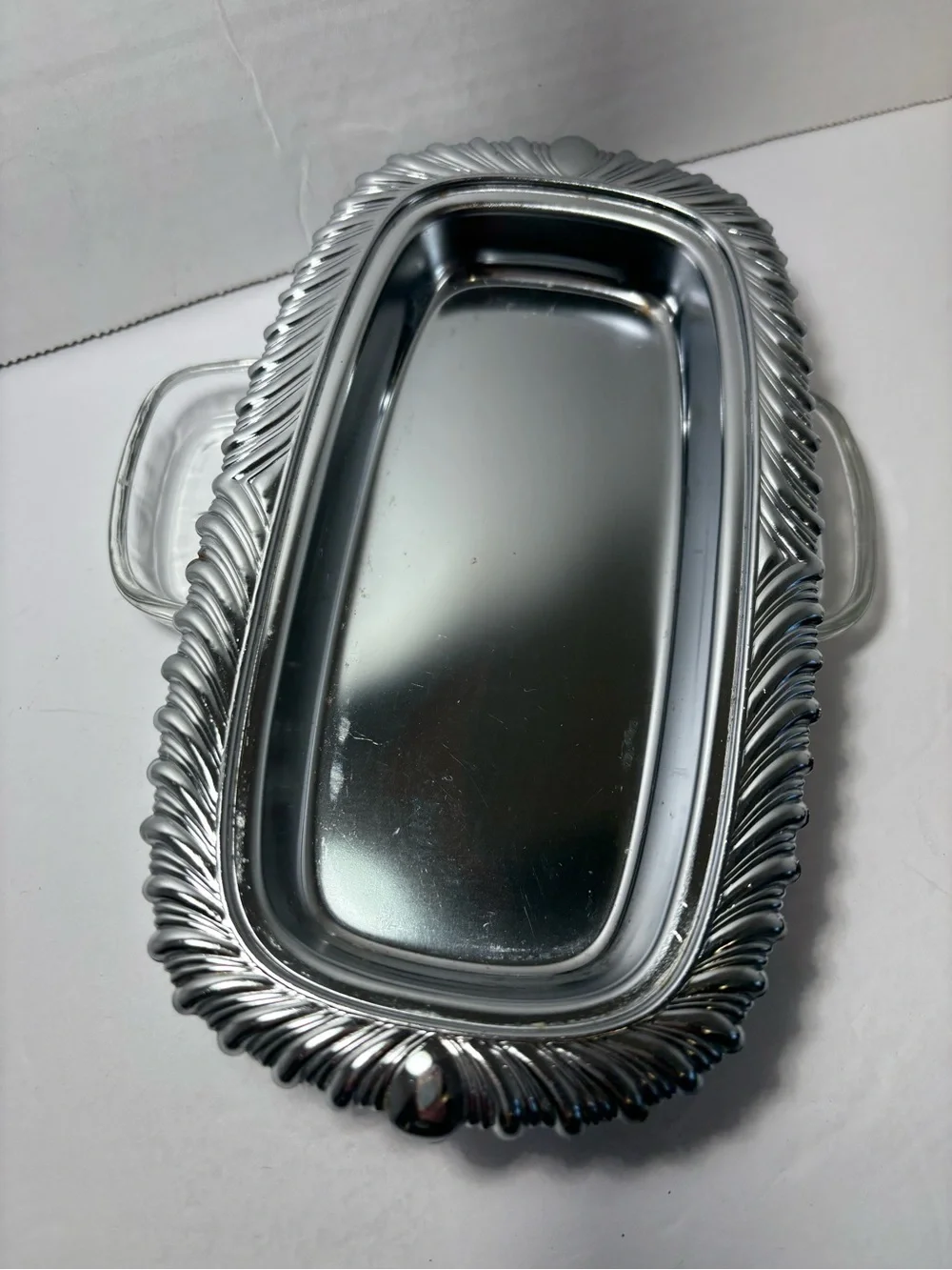 Butter Dish Glass Insert VTG Chromeplated Decorative Finial Lid